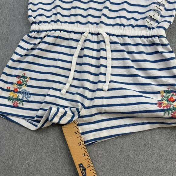 Polo Ralph Lauren Girls Large 12-14 White Blue‎ Striped 100% Cotton Mesh Romper